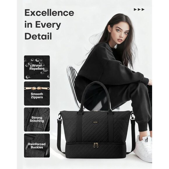 Hotor Women Black Large Overnight with Shoe Compartment  Travel Duffel Bag - Picture 4 of 8